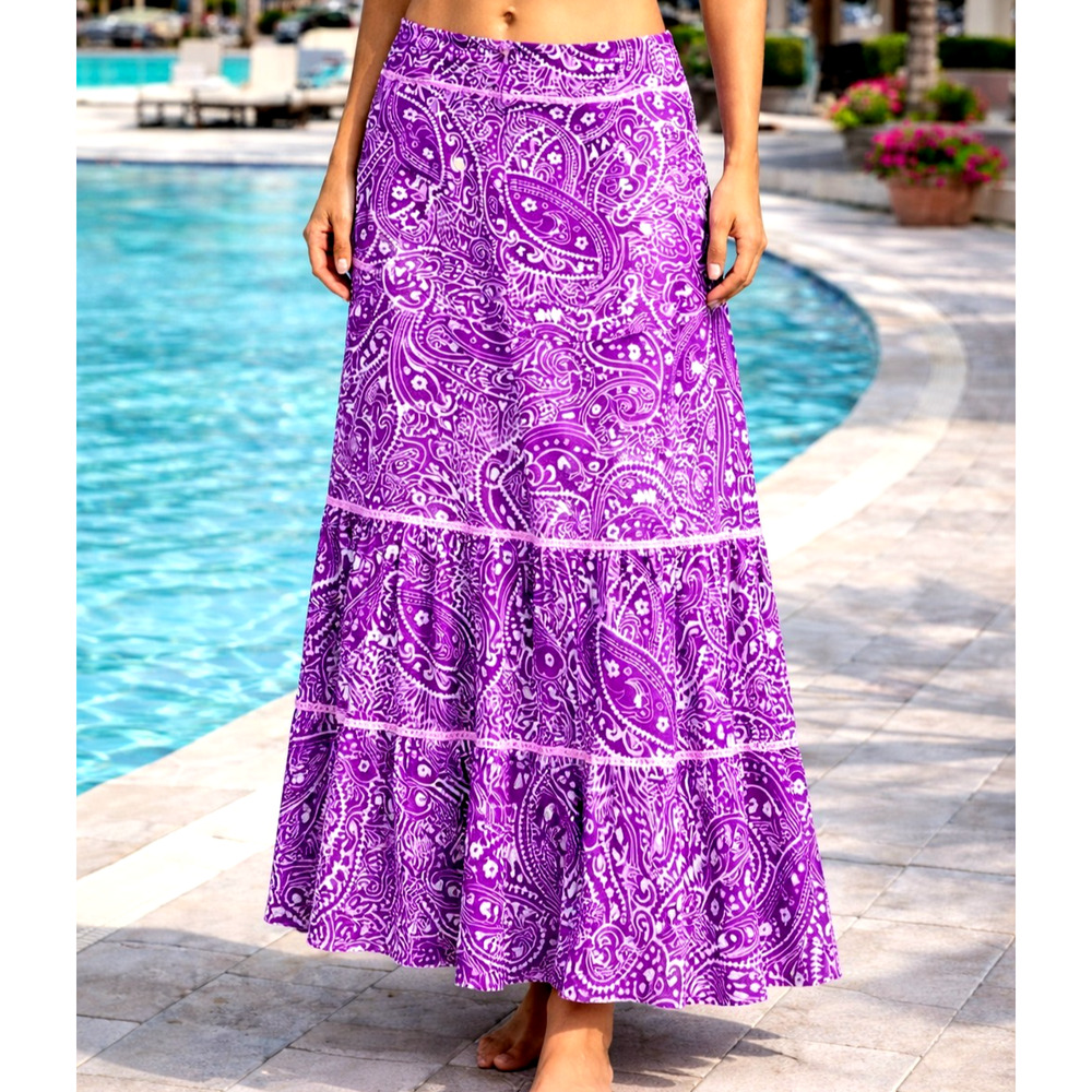 Boho Purple Pasiley Maxi Cover Skirt Womens‎ Small Tiered Flowy Beachwear New